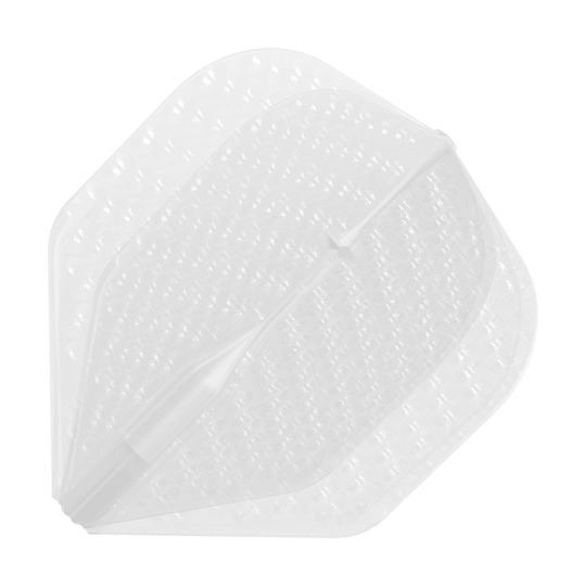Das Bild zeigt einen transparenten Dartflight mit dimpled Oberfläche. Der Flight hat eine klassische, breite Form und ist durchsichtig.