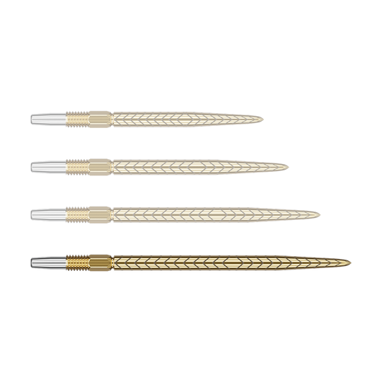 Das Bild zeigt vier goldene Dartspitzen mit einem detaillierten Muster. Die Spitzen sind nebeneinander in einer Reihe angeordnet.