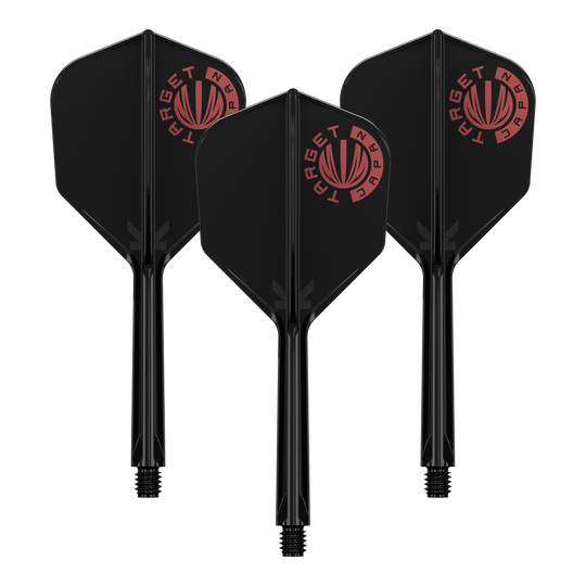 Target Japan K-Flex Original Logo Red Black No6 Flight-Shaft-System Auf dem Bild sind drei schwarze Dartflights mit integriertem Schaft zu sehen. Oben links auf jedem Flight befindet sich ein rotes Logo mit der Aufschrift "TARGET JAPAN".