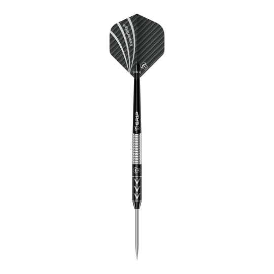 Bulls Challenger Arno Merk Steeldarts - 22g Das Bild zeigt einen Steeldart namens "Bulls Challenger Arno Merk Steeldarts - 22g". Der Dartpfeil ist schwarz-silber und hat ein modernes Design mit strukturiertem Schaft und schwarzer Flight.