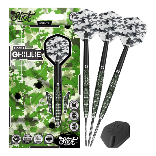 Shot Camo Ghillie Turbo Point Steeldarts - 23g Shot Camo Ghillie Turbo Point Steeldarts mit 23 Gramm werden präsentiert. Die Steeldarts haben ein auffälliges Tarndesign.