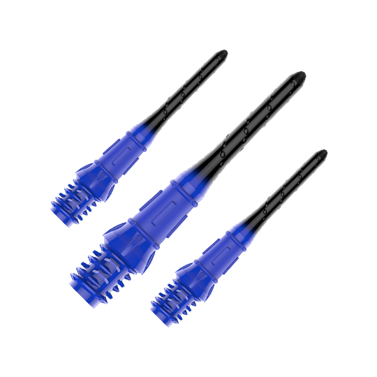 L-Style Premium Lippoint Gradiation Dartspitzen (30er Pack) Das Bild zeigt drei schwarze und blaue Dartspitzen aus Kunststoff. Sie sind nebeneinander auf einem transparenten Hintergrund angeordnet.