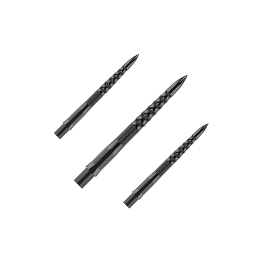Mission Caliburn EVO Dartspitzen - Ripple - Schwarz Auf dem Bild sind drei schwarze Steeldartspitzen mit einem geriffelten Muster zu sehen. Sie sind als Set angeordnet und haben eine Länge von 26 mm.