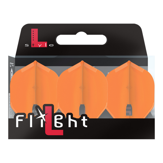 L-Style Champagne L1PRO Flights Auf dem Bild ist eine Packung mit drei orangefarbenen Dart-Flights zu sehen. Die Verpackung trägt die Aufschrift „L-Style Flight“.