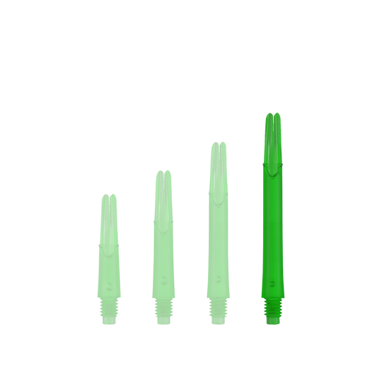 L-Style L-Shafts Locked Straight - Green 330 Auf dem Bild sind vier grüne, durchsichtige Dartschäfte in unterschiedlichen Längen zu sehen. Sie stehen nebeneinander aufrecht und haben ein Schraubgewinde am unteren Ende.
