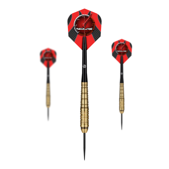 Shot Redline Mach 1 Steeldarts Das Bild zeigt drei Steeldarts des Produkts "Shot Redline Mach 1". Die Darts haben rote Flights mit einem Logo und goldene Griffe.