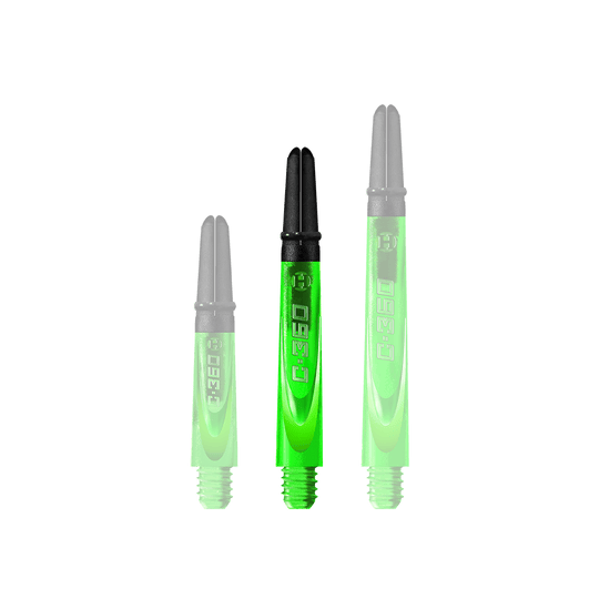 HR453_Harrows_Carbon_360_Shafts_Gr-n_42mm_1 Auf dem Bild sind drei grüne Dartschäfte in unterschiedlicher Länge zu sehen. Die Schäfte haben schwarze Spitzen und die Aufschrift "C.360".