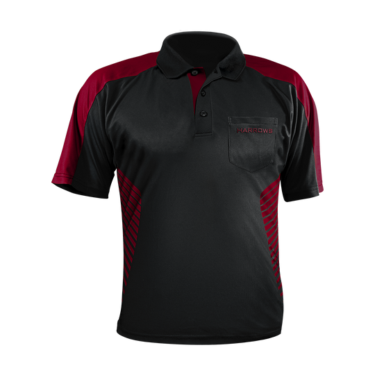 17737-Harrows-Vivid-Dartshirt-Black-DeepRed-1 Das Bild zeigt ein schwarzes Dartshirt mit dunkelroten Akzenten. Auf der linken Brusttasche steht der Schriftzug "HARROWS".
