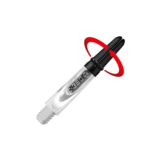 Das Bild zeigt das Produkt „Harrows Carbon 360 Shafts – Clear“. Es handelt sich um einen transparenten Dartshaft mit einem drehbaren oberen Teil, der durch einen roten Pfeil angezeigt wird.