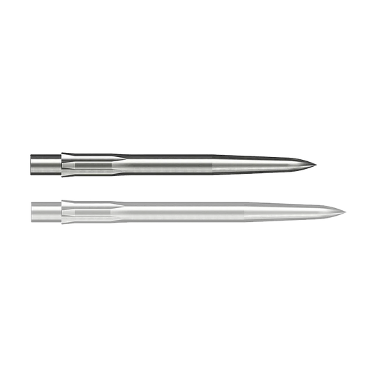 Caliburn System Steeldartspitzen - Smooth - Silber Auf dem Bild sind zwei silberne, glatte Stahlspitzen für Darts zu sehen. Sie sind länglich geformt und haben eine spitze Vorderseite.