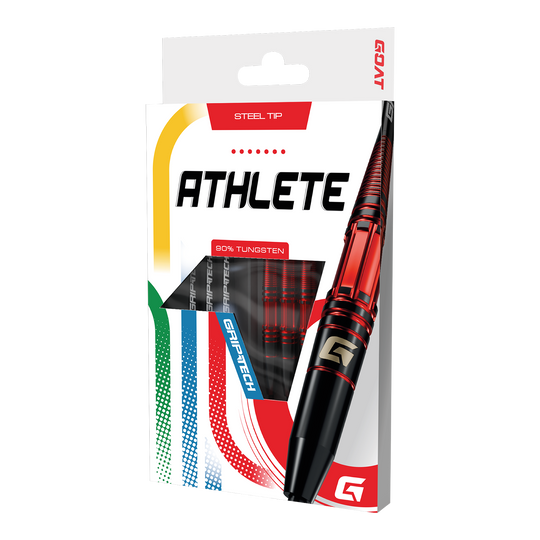GOAT Athlete Red Tungsten Steeldarts Auf dem Bild sind die GOAT Athlete Red Tungsten Steeldarts zu sehen. Sie zeichnen sich durch ein sportliches Aussehen aus.