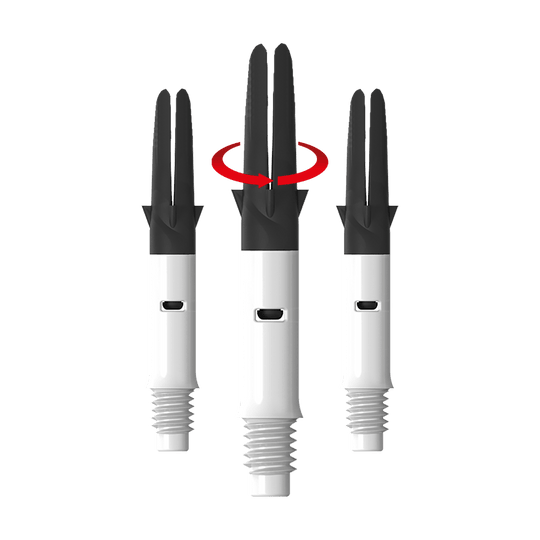 L-Style L-Shaft Carbon Silent Straight - Weiß 190 Das Bild zeigt drei weiße und schwarze Dartshafts nebeneinander. Über dem mittleren Shaft ist ein roter Pfeil, der eine Drehbewegung anzeigt.