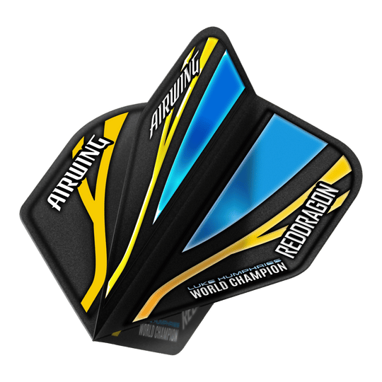 Das Bild zeigt die Red Dragon Airwing Luke Humphries World Champion Black Blue Standard Flights. Die Flights sind schwarz mit blauen und gelben Akzenten und tragen die Aufschriften "AIRWING", "RED DRAGON" und "WORLD CHAMPION".
