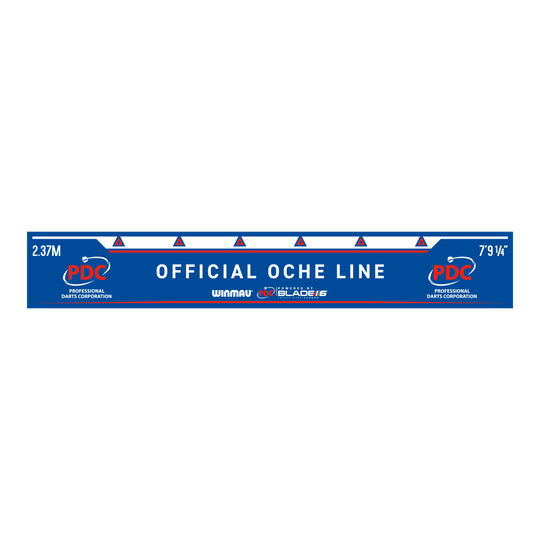 Winmau PDC Abwurflinie Das Bild zeigt die Winmau PDC Abwurflinie in Blau mit weißer Schrift. Auf der Linie steht „OFFICIAL OCHE LINE“ sowie die Entfernungsangaben 2,37 m und 7’9 1/4’’.