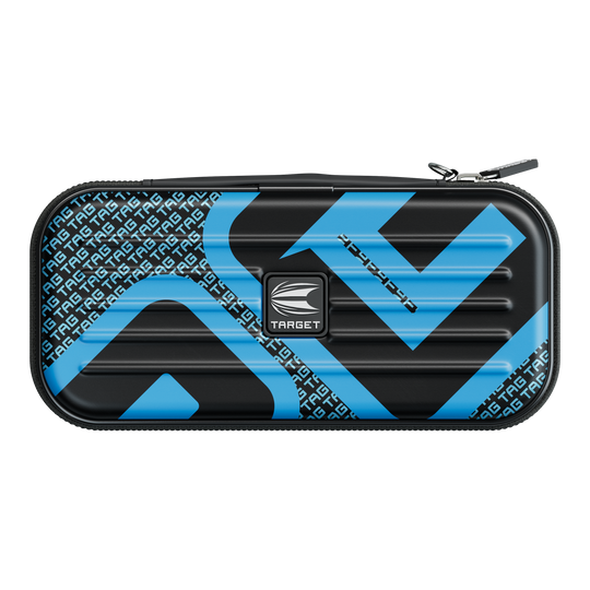 Dies ist ein schwarzes Etui mit blauen grafischen Mustern und dem "TARGET"-Logo in der Mitte. Es hat einen Reißverschluss oben rechts.
