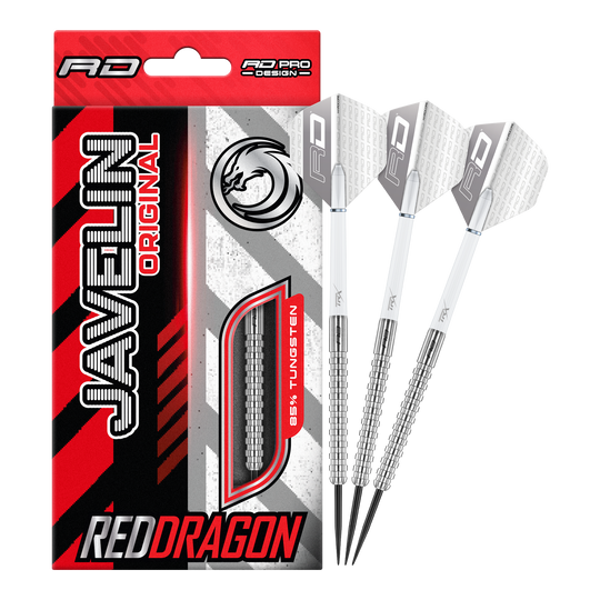 Red Dragon Javelin Steeldarts Das Bild zeigt die Red Dragon Javelin Steeldarts in voller Ansicht. Sie sind speziell für das professionelle Darten entwickelt.