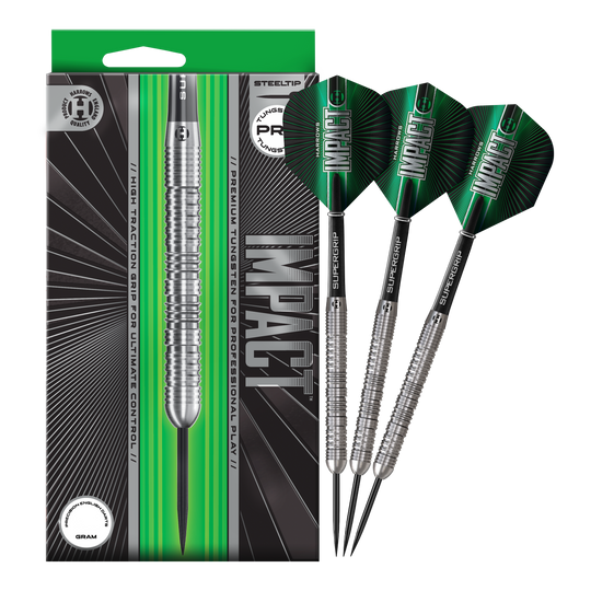 Harrows Impact Steeldarts Das Foto zeigt die vollständigen Harrows Impact Steeldarts. Die Darts sind fertig zusammengestellt für den Gebrauch.