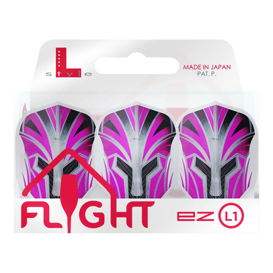 Das Bild zeigt eine Verpackung mit drei pinkfarbenen Dart-Flights der Marke L-Style. Auf der Verpackung steht „FLIGHT EZ L1“ und „Made in Japan“.