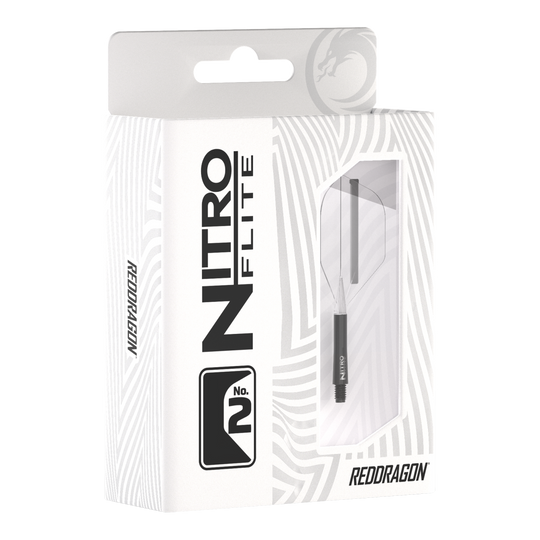 Red Dragon Nitroflite - Black Shaft Clear No2 Flights Die Abbildung zeigt die Verpackung des Produkts „Red Dragon Nitroflite - Black Shaft Clear No2 Flights“. Die Verpackung ist überwiegend weiß mit schwarzen Aufdrucken und einer Sichtöffnung, durch die das Produkt zu sehen ist.