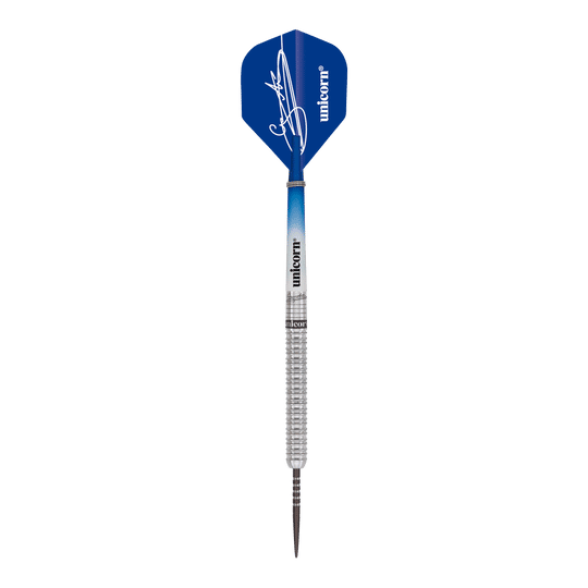 Das Bild zeigt einen Unicorn Gary Anderson 10 Year Commemoration Limited Edition Steeldart mit 23g. Der Dart hat eine blaue Flight mit Unterschrift und einen silbernen, geriffelten Schaft.
