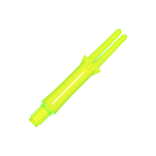 Das Bild zeigt einen neon-gelben, geraden Dart-Schaft mit einem Schraubgewinde. Er ist 32 mm lang und hat eine glänzende Oberfläche.