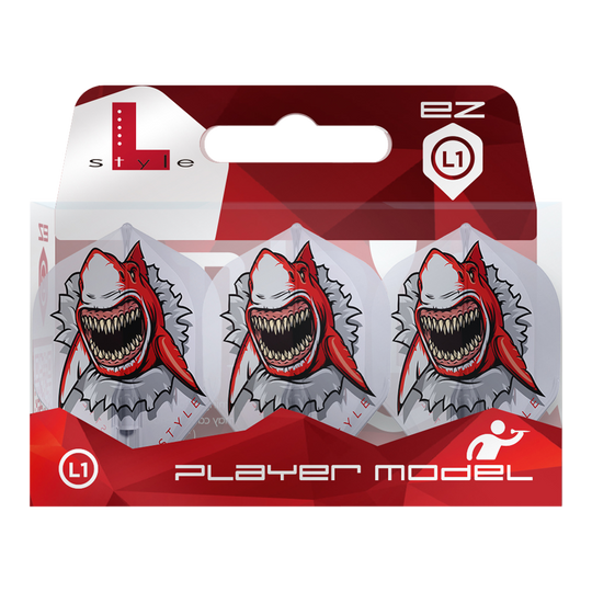 Das Bild zeigt eine Packung „L-Style Florian Hempel Clear White Signature Champagne L1EZ Flights“. Auf den Flights ist ein aggressiver Hai mit offenem Maul und roten Akzenten abgebildet.