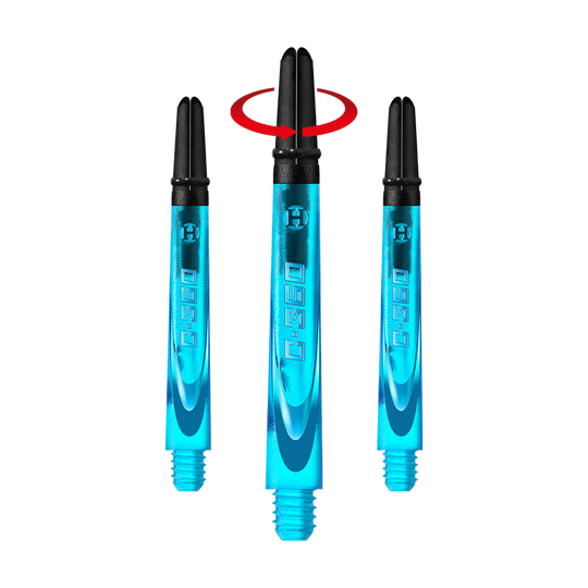 HR445_Harrows_Carbon_360_Shafts_Aqua_49mm_1-_Symbol Das Bild zeigt drei blaue Dartschaft-Teile mit schwarzer Spitze. In der Mitte befindet sich ein roter Pfeil, der eine Drehbewegung anzeigt.