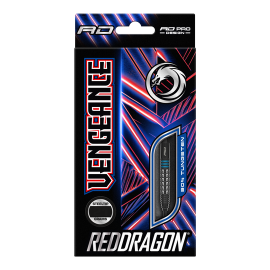 Red Dragon Vengeance Blue Steeldarts Auf dem Bild ist die Verpackung der "Red Dragon Vengeance Blue Steeldarts" zu sehen. Die Schachtel ist schwarz mit blauen und roten Akzenten und zeigt einen Dartpfeil mit dem Hinweis auf 90% Tungsten.