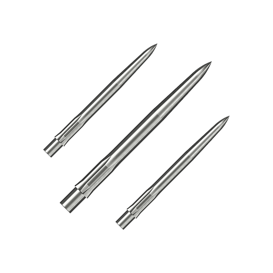 Caliburn System Steeldartspitzen - Smooth - Silber Das Bild zeigt drei silberne, glatte Steeldartspitzen. Sie liegen parallel nebeneinander auf weißem Hintergrund.