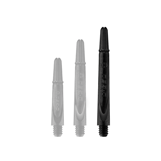 Das Bild zeigt drei schwarze Dartschäfte aus Carbon in verschiedenen Längen. Sie stehen nebeneinander auf weißem Hintergrund.