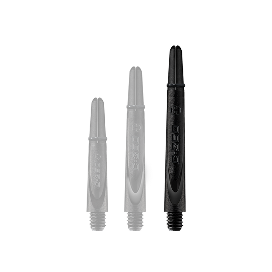 HR460_Harrows_Carbon_360_Shafts_Schwarz_49mm_1WiuwUzx0u2WRF Das Bild zeigt drei schwarze Dartschäfte aus Carbon in verschiedenen Längen. Sie stehen nebeneinander auf weißem Hintergrund.