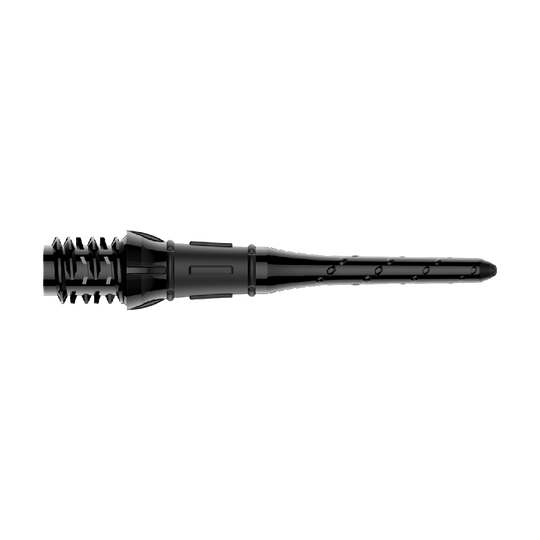 Auf dem Bild ist eine schwarze Dartspitze zu sehen. Sie hat ein schlankes Design mit kleinen Einkerbungen und Details entlang der Spitze.