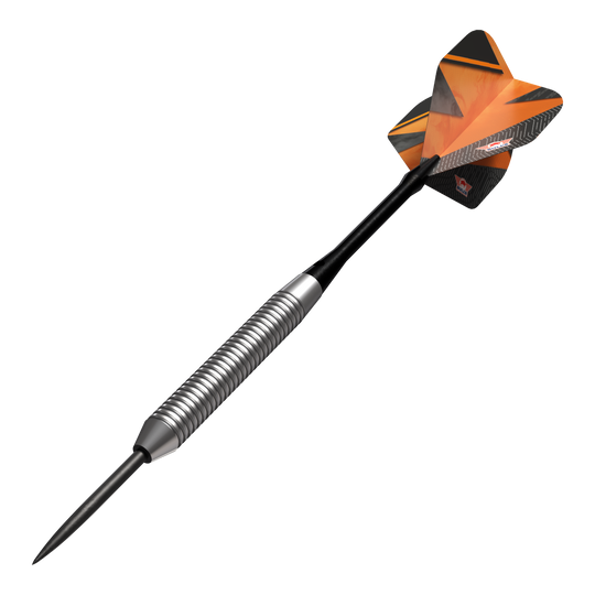 Bulls NL Lightning Orange Steeldarts Das Bild zeigt einen Bulls NL Lightning Orange Steeldart. Der Dart hat einen silbernen, gerillten Schaft und orangene Flights mit schwarzen Akzenten.