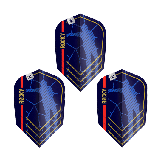 Das Bild zeigt drei Dartflights des Produkts „Target Pro Ultra Josh Rock GEN1 No6 Flights - 3 Sets“. Die Flights sind dunkelblau mit goldenen Linien, einer roten Streifen und dem Schriftzug „ROCKY“ versehen.