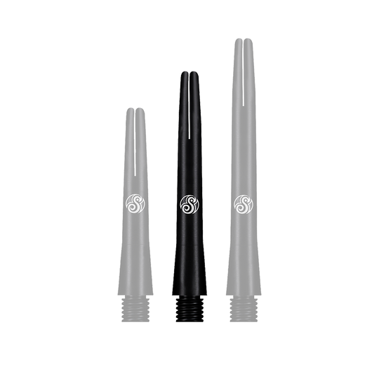 SM3809-I_Shot_Aluminium_Shafts_Black_41mm_1f0IRg7wKElYCn Das Bild zeigt drei schwarze Aluminiumschäfte für Dartpfeile in unterschiedlichen Längen. Auf jedem Schaft ist ein weißes Logo zu sehen.