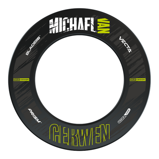 Das Bild zeigt einen Winmau MvG Retro Design Dartboard Surround. Der schwarze Dartboard-Ring trägt den Namen "Michael van Gerwen" und verschiedene Produkt-Logos.