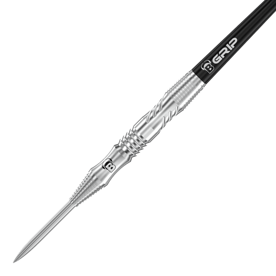 Bulls Tac T1 Steeldarts Das Bild zeigt einen Bull’s Tac T1 Steeldart mit silberner Spitze und strukturiertem Griff. Auf dem Dart steht das Logo "B GRIP" auf einem schwarzen Schaft.