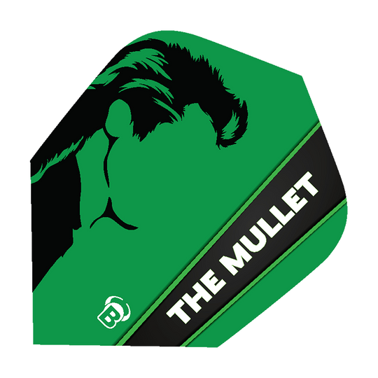 Das Bild zeigt ein grünes Dartflight mit einer schwarzen Silhouette eines Kopfes mit Vokuhila-Frisur. Auf dem Flight steht in Weiß "THE MULLET".