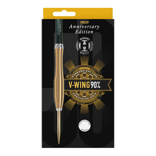 Harrows Anniversary Edition V-Wing Steeldarts Dies ist eine Verpackung für Steeldarts der Marke Harrows, Anniversary Edition. Auf der Packung steht "V-WING 90%" und "Precision Grip".