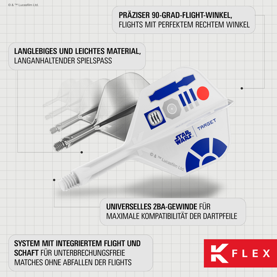 Target Star Wars K-Flex R2D2 No2 Standard Flights Das Bild zeigt die Target Star Wars K-Flex R2D2 No6 Flights. Sie sind eine dekorative Ergänzung für jeden Dartpfeil im Star Wars Look.