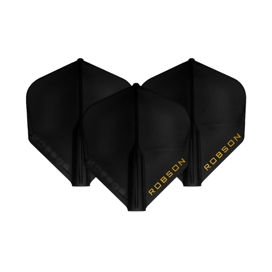 Auf dem Bild sind drei schwarze Dart-Flights zu sehen. Auf jedem Flight steht das Wort "ROBSON" in gelber Schrift.