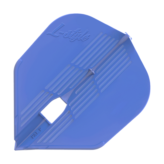 L-Style KAMI L3PRO Flights Das Bild zeigt ein blaues Dartflight mit dem Schriftzug "L-style" darauf. Das Flight hat eine eckige Form und gerillte Muster.