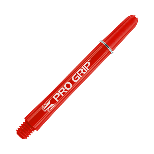 Das Bild zeigt einen roten Dartshafts mit der Aufschrift "PRO GRIP". Der Schaft hat eine glatte Oberfläche und einen silbernen Ring in der Mitte.