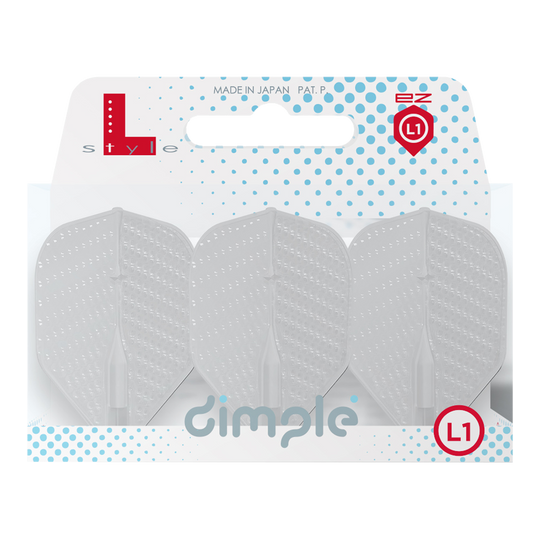 Auf dem Bild sind drei transparente Dart-Flights der Marke L-Style in einer Verpackung zu sehen. Auf der Verpackung steht das Wort "dimple" und es gibt blaue Punkte als Designelement.