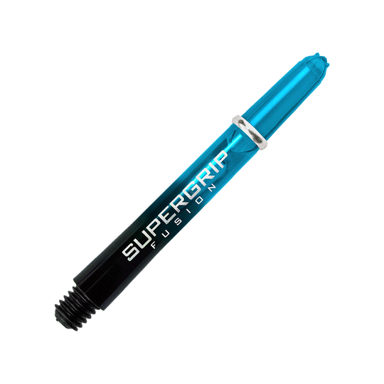 HR346_Harrows_Supergrip_Fusion_Shafts_Aqua_40mm_2GXPyMMlODIm1u Das Bild zeigt einen Harrows Supergrip Fusion Shafts in der Farbe Aqua. Der Hintergrund besteht aus verschiedenen blauen und grauen Streifen, die farblich zum Produkt passen.