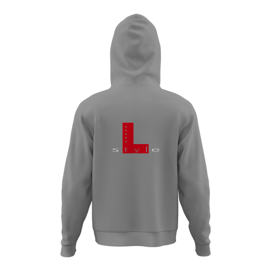 L-Style Hoodie - Grau Der Hoodie ist grau und hat auf der Rückseite ein großes rotes "L" mit dem Wort "style" darunter. Das Design ist schlicht und modern gehalten.