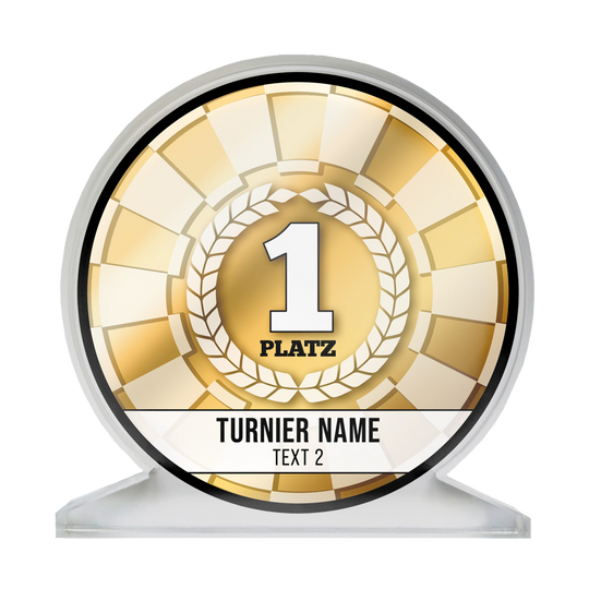 Dies ist ein goldener Pokal mit der Aufschrift "1 Platz" in der Mitte. Unten steht "TURNIER NAME" und "TEXT 2".