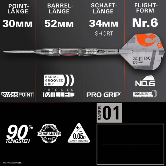 Target Star Wars X-Wing Swiss Point Steeldarts Auf diesem Foto sieht man die Target Star Wars X-Wing Swiss Point Steeldarts. Die Steeldarts sind im Stil des X-Wing aus Star Wars gestaltet.