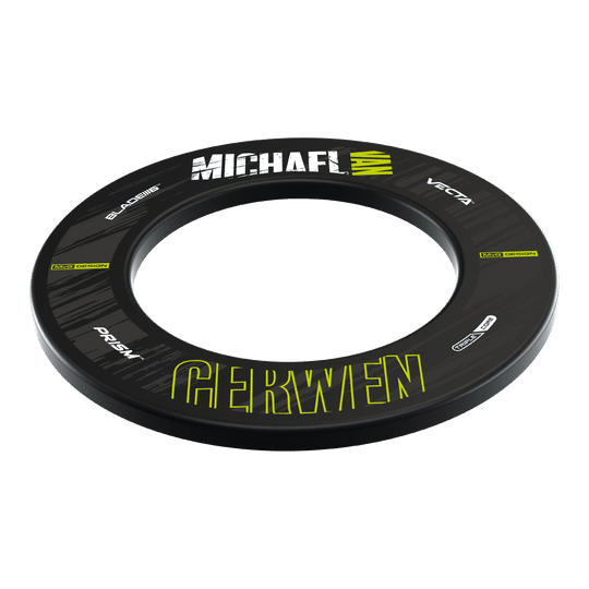 Dieses Bild zeigt das Produkt "Winmau MvG Retro Design Dartboard Surround". Der schwarze Dartboard-Surround hat gelbe und weiße Schriftzüge mit dem Namen "Michael Gerwen".