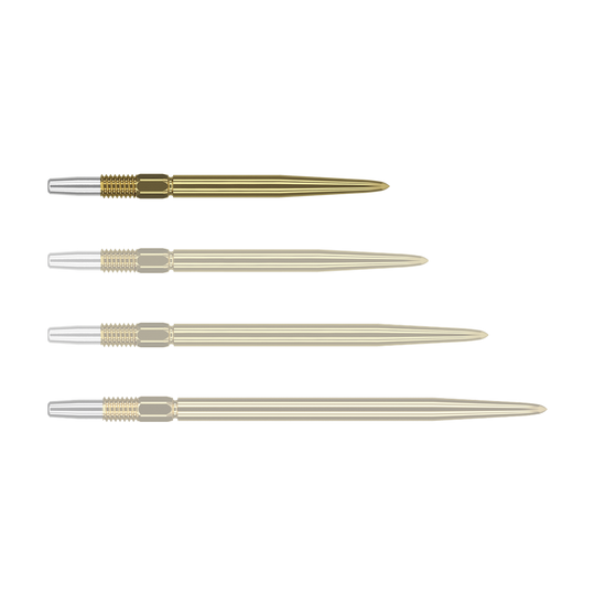 Das Bild zeigt vier goldene Dartspitzen, die nebeneinander ausgerichtet sind. Die Spitzen haben ein silbernes Gewinde am Ende.